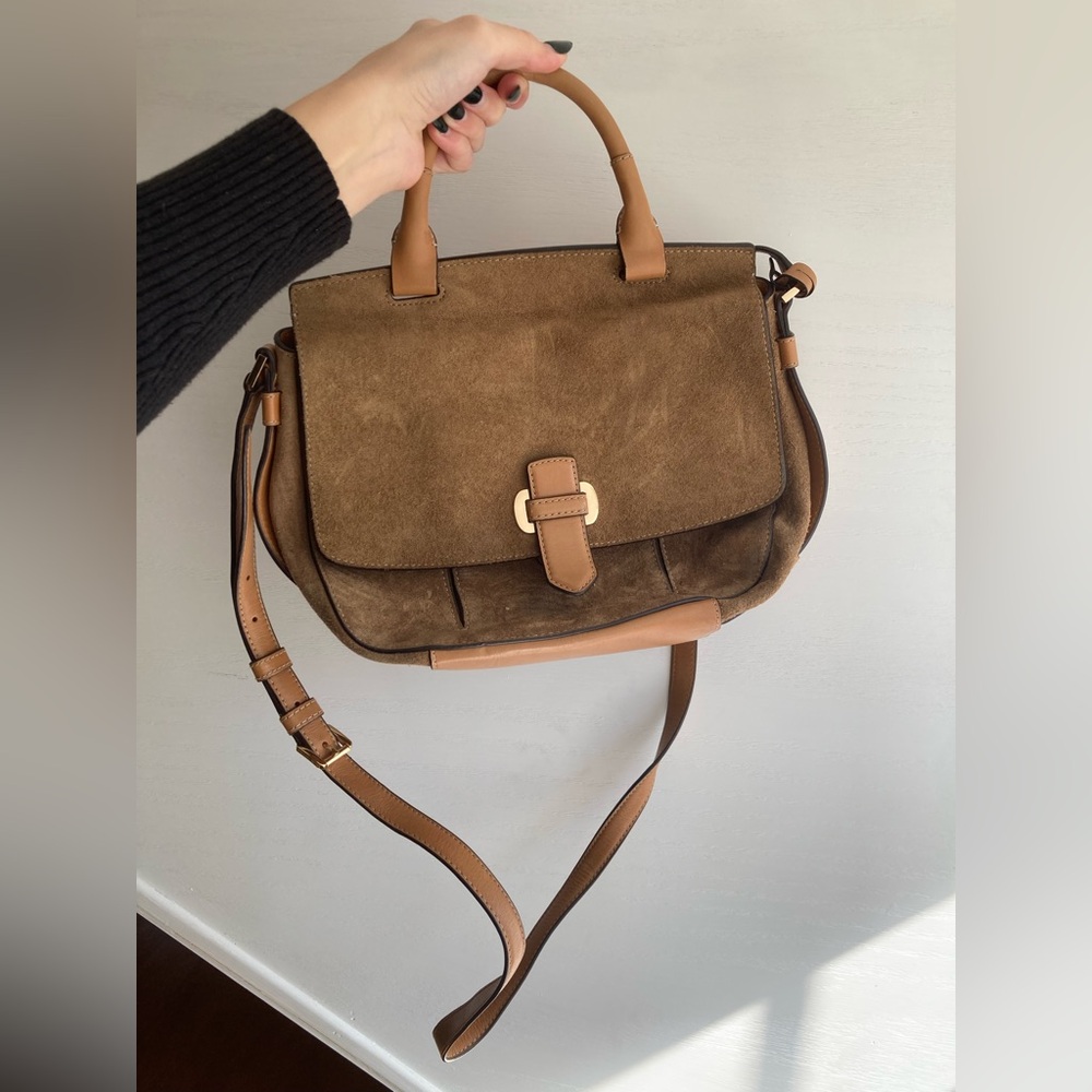 Michael Kors Romy large brown suede and leather messenger saddle crossbody bag